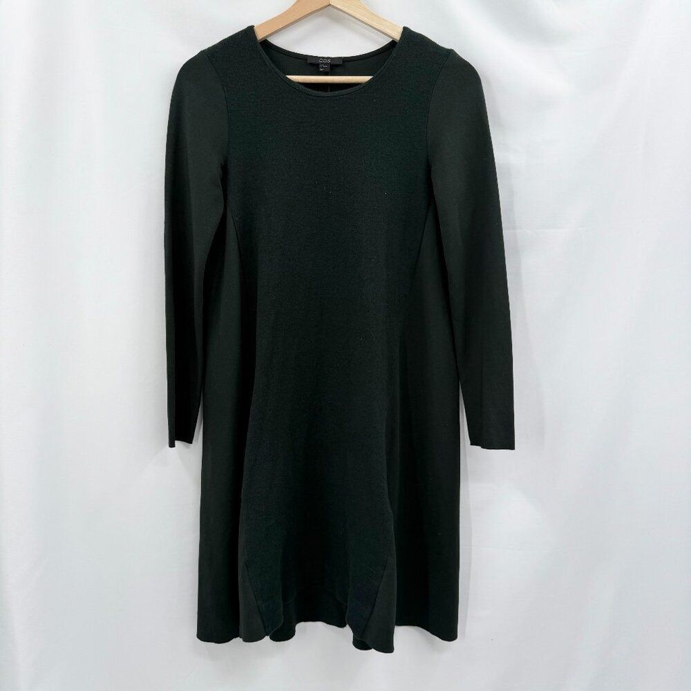 COS Mix Media Wool Blend Long Sleeve A-Line Dress in Forest Green | Small